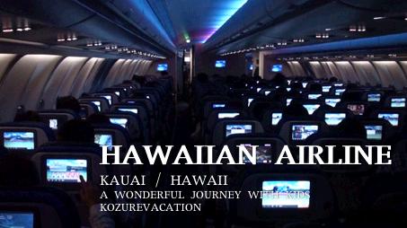 ハワイアン航空ホノルル線の機内。暗くなった機内にパーソナルテレビが光っている。