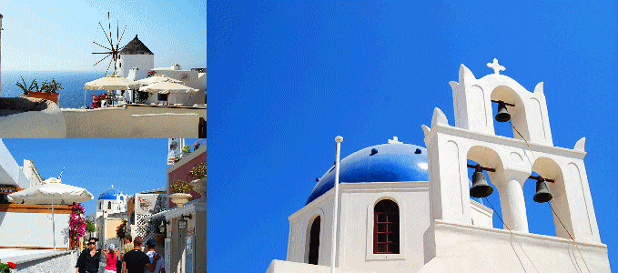 夏のサントリーニ島の青い空に映えるドーム屋根の教会
