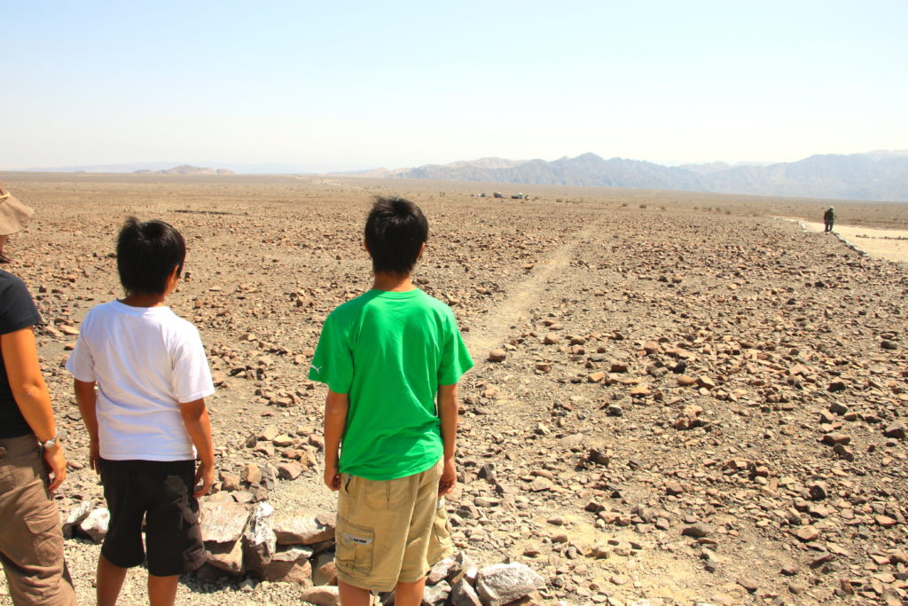ナスカ平原で地上絵の前に立って線を見つめる長男と次男
