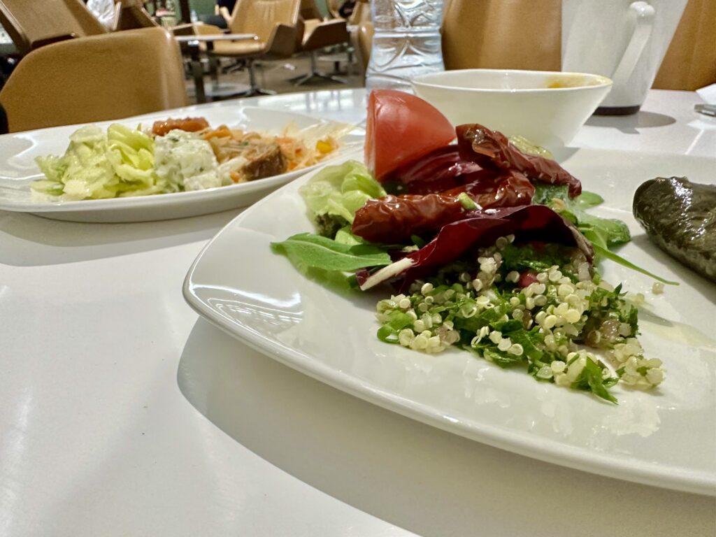 右の皿の上にちらっと乗っているのは肉などを葡萄の葉でまいたギリシャ料理「ドルマ」っぽいやつだった