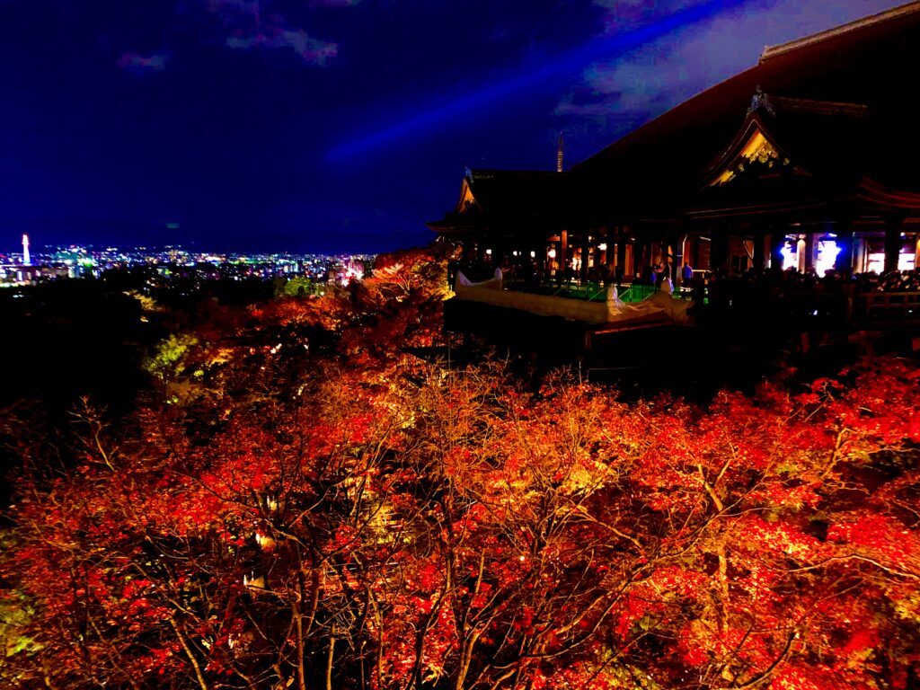 Shimizu stage and autumn leaves illuminated from Okunoin