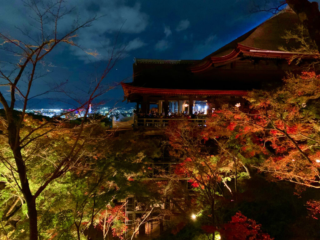 Autumn leaves and illumination of the Kiyomizu stage taken from Kiyomizu-dera/Amida-do Hall