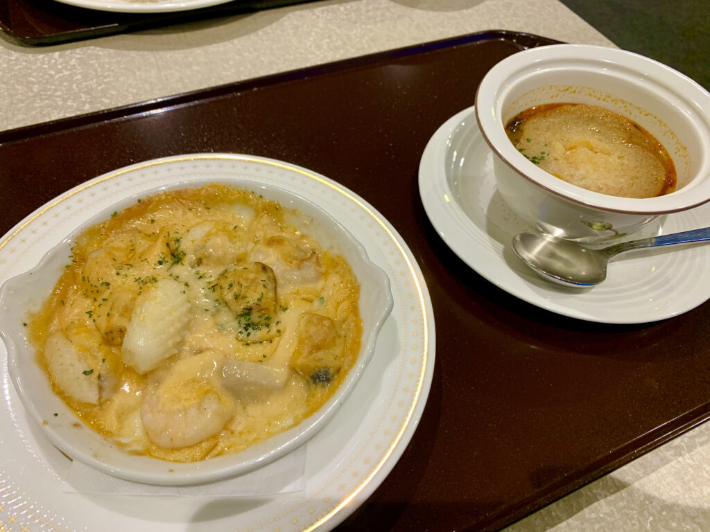 Prince Hotel's special seafood gratin and onion soup